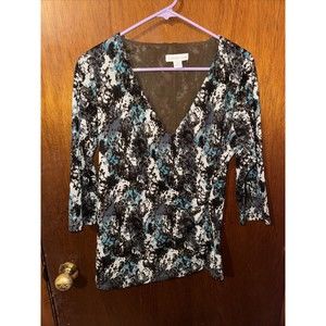 Coldwater Creek Womens Brown And Blue Sheer Long Sleeve Blouse Size Medium Y2K
